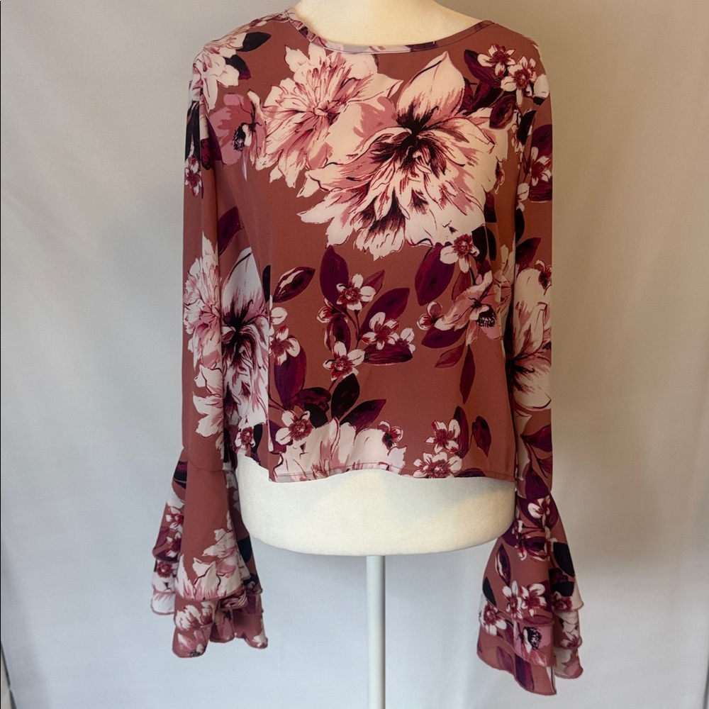Charlotte Russe long ruffle/flare sleeves, bold pink floral